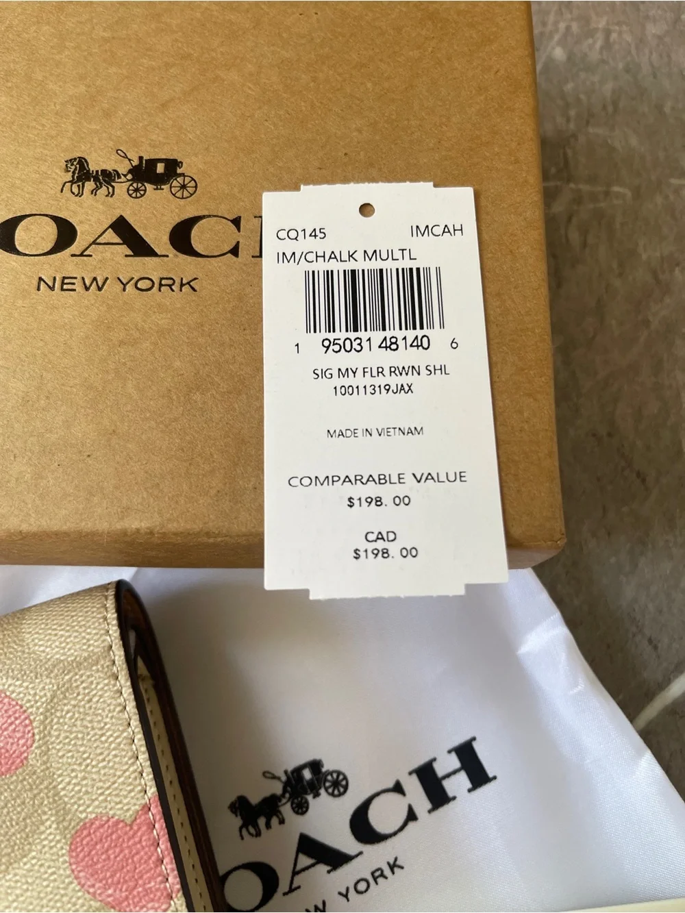 New Coach Beige Canvas Small Wallet with Pink Heart Print .